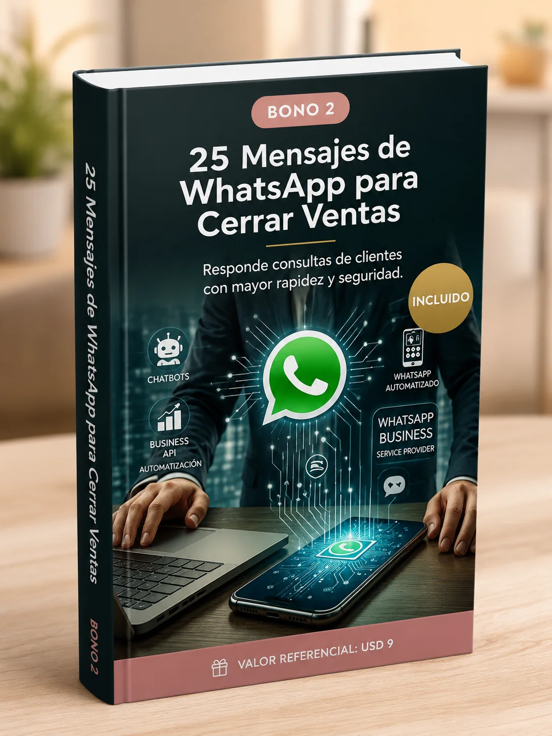 Mockup 3D del bono 2: 25 Mensajes Listos para WhatsApp