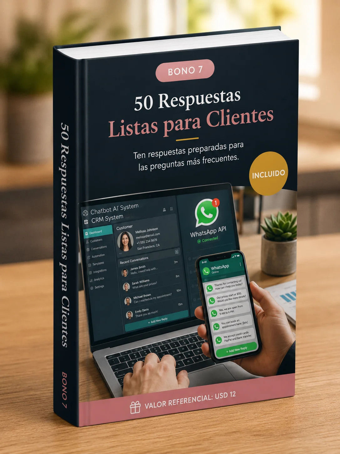 Mockup 3D del bono 7: 50 Respuestas Rápidas para Clientes