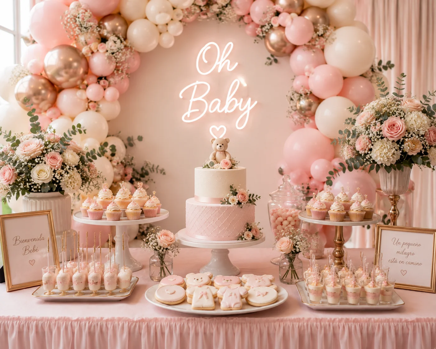 Mesa de postres de baby shower en tendencia