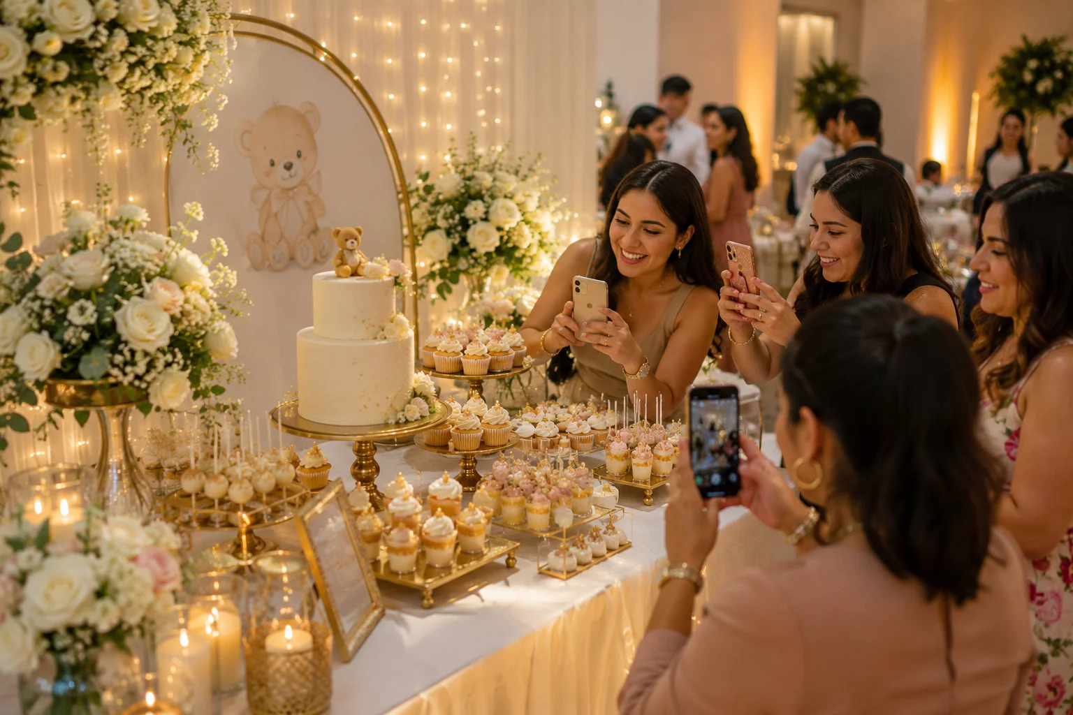 Invitadas fotografiando una mesa de postres elegante en un evento