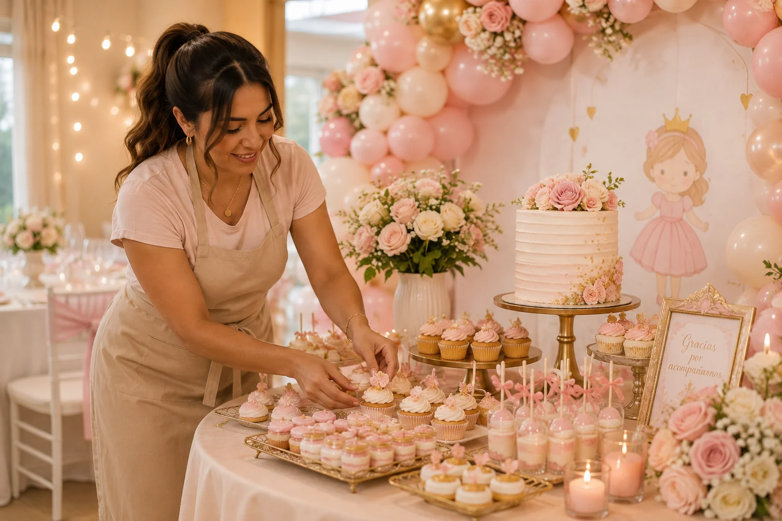 Emprendedora preparando una elegante mesa de postres para un evento