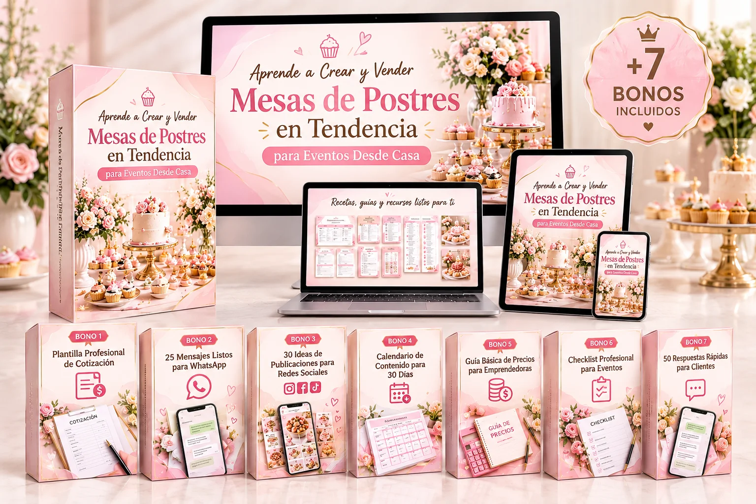 Paquete completo: ebook Mesas de Postres en Tendencia para Eventos Desde Casa con 7 bonos incluidos