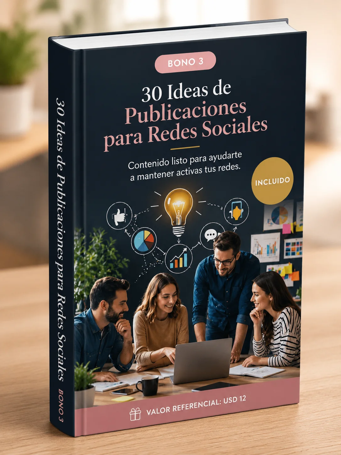 Mockup 3D del bono 3: 30 Ideas de Publicaciones para Redes Sociales