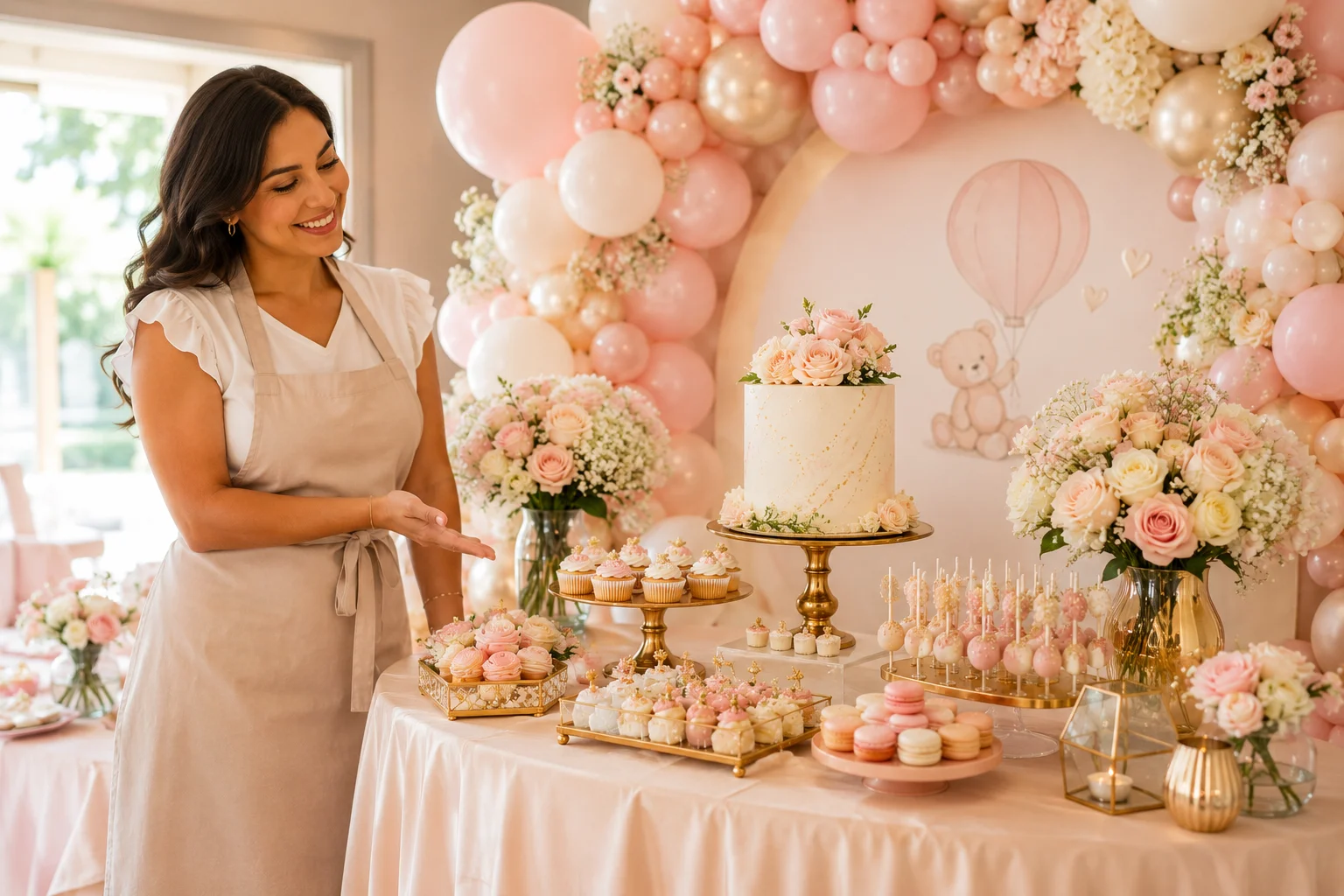 Mesa de baby shower en tonos rosa pastel, beige y dorado
