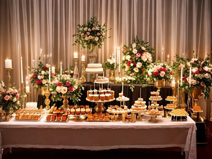 Montaje profesional de mesa de postres con diferentes alturas
