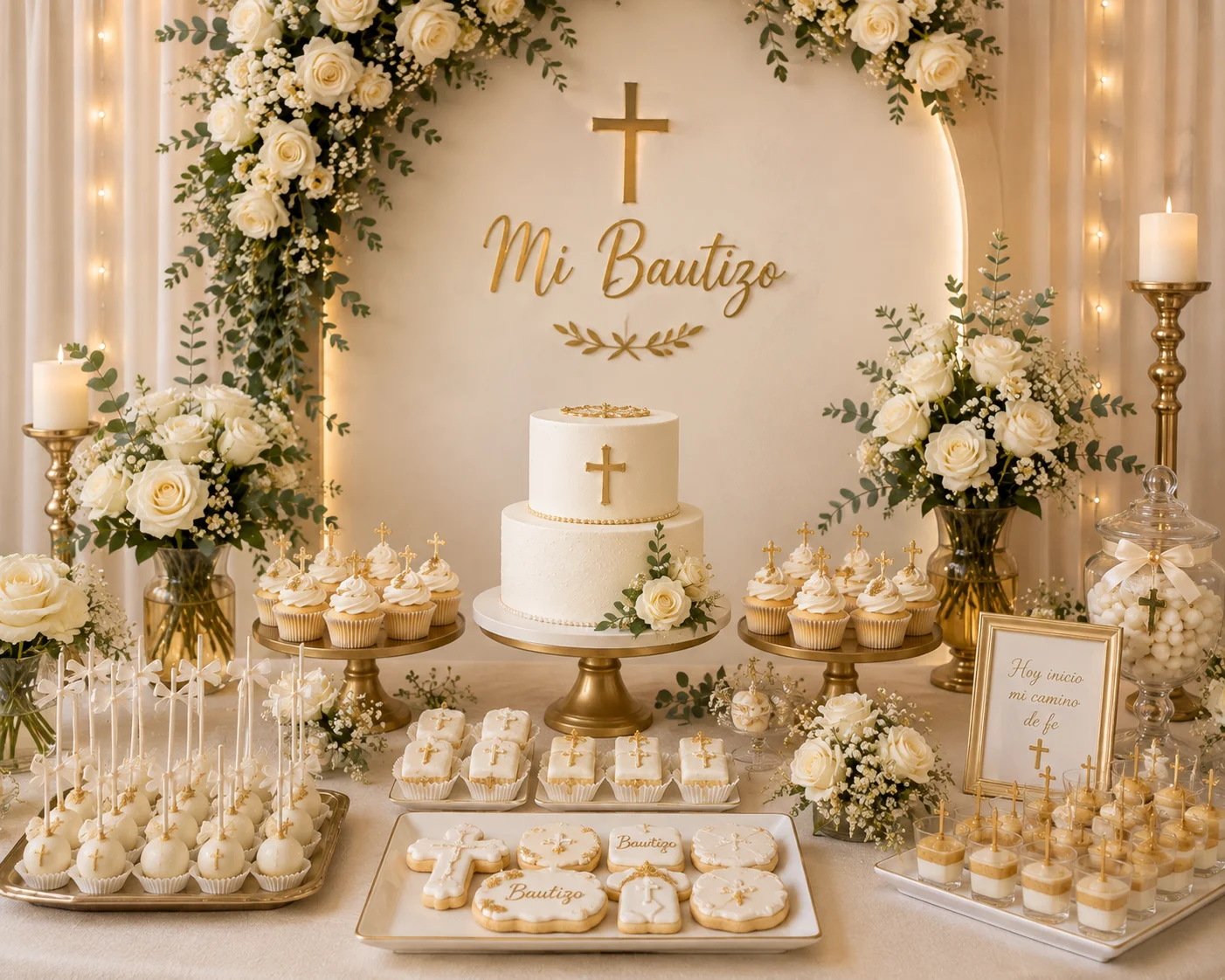 Mesa de postres elegante para bautizo