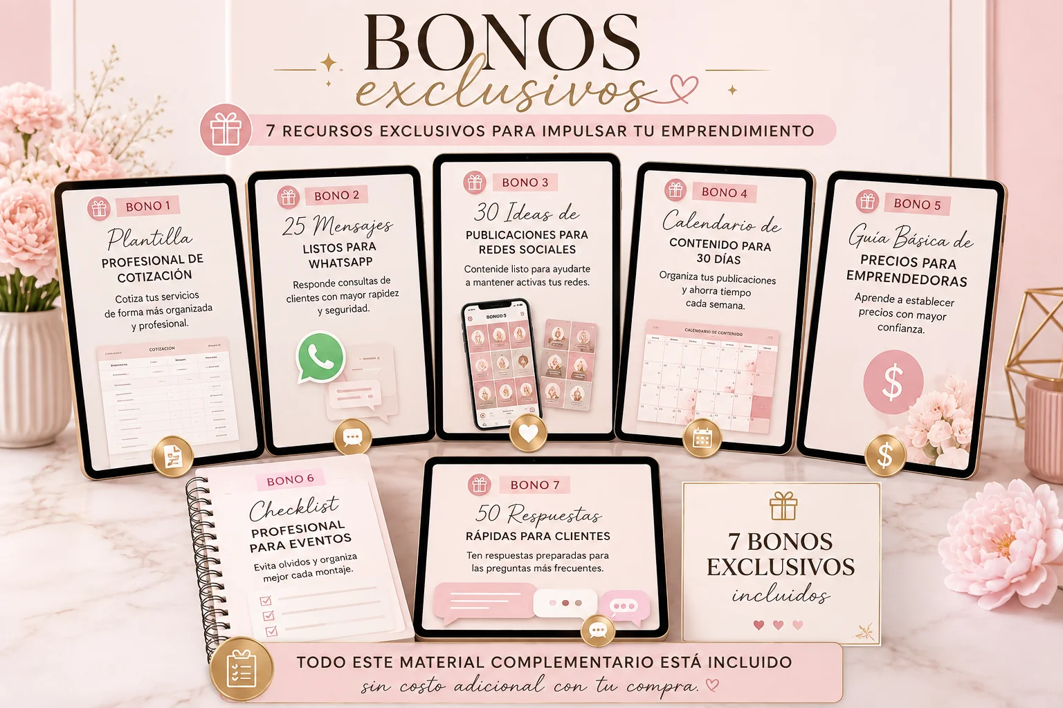 Los 7 bonos exclusivos incluidos: plantillas, mensajes de WhatsApp, ideas de publicaciones, calendario de contenido, guía de precios y checklist