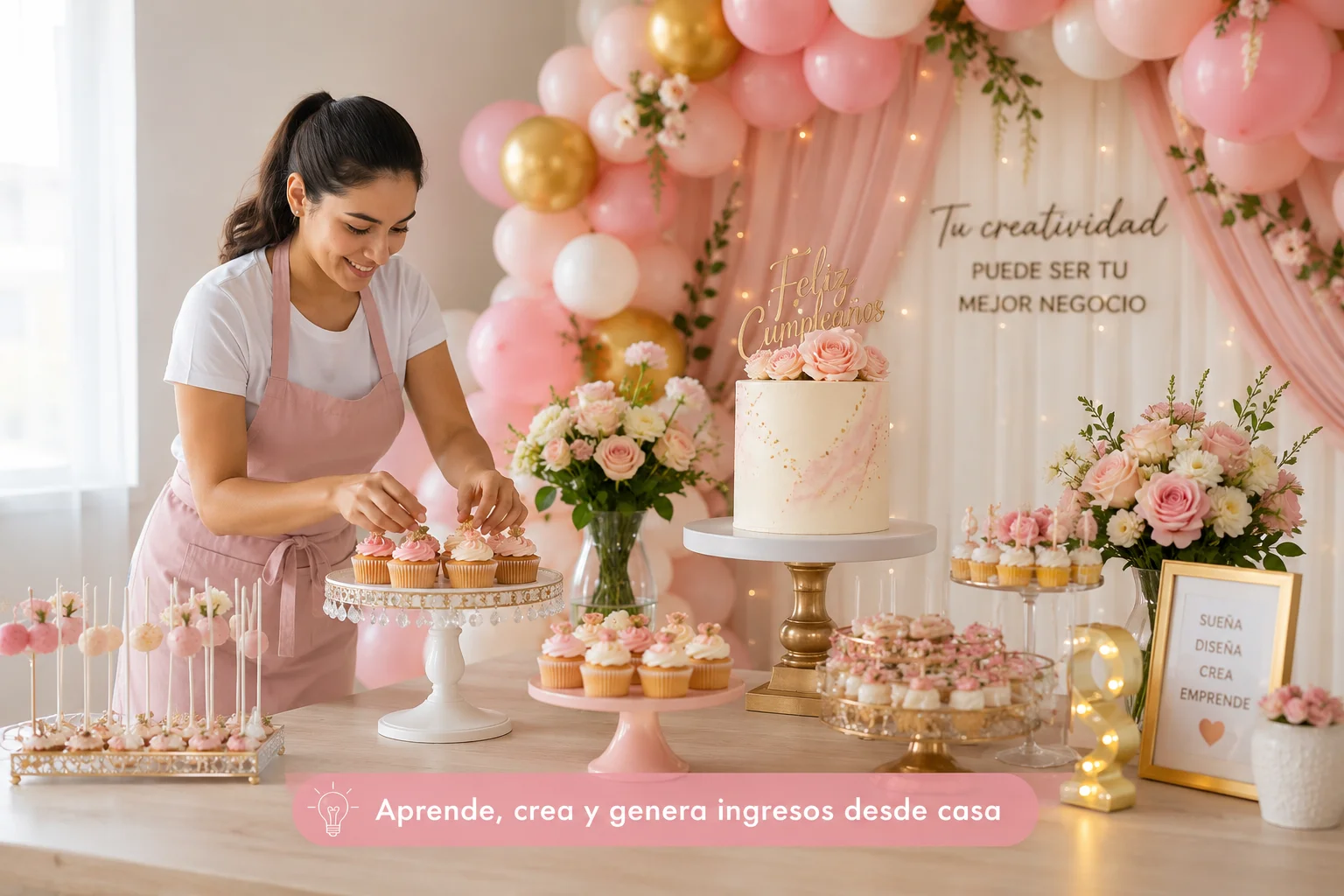 Emprendedora montando una mesa de postres de cumpleaños en rosa y dorado